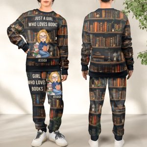 Just A Girl Who Loves Books - Personalized Sweatshirt And Sweatpants Set - Lounge Pants  With Pockets, Custom Pajama Pants, Jogger Sweatpants, Gift For Her